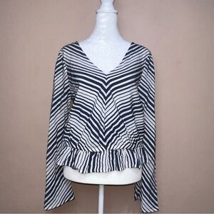 Express Striped Peplum Top Long Bell Sleeves Faux Wrap Back Deep V-neck Small